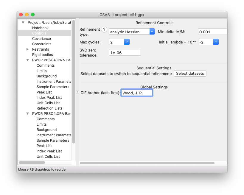 GSAS-II Graphical user interface: Entering author name on Controls panel